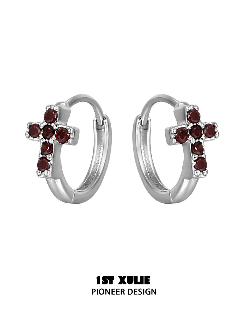 1ST XULIE "Snake Bite" Asymmetrical Cross Stud & Huggie Earrings in Platinum Plated 925 Sterling Silver - Detail Shot