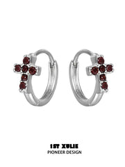 1ST XULIE "Snake Bite" Asymmetrical Cross Stud & Huggie Earrings in Platinum Plated 925 Sterling Silver - Detail Shot