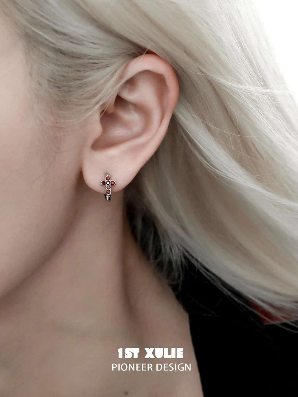 1ST XULIE "Snake Bite" Asymmetrical Cross Stud & Huggie Earrings in Platinum Plated 925 Sterling Silver - On Model Close-Up