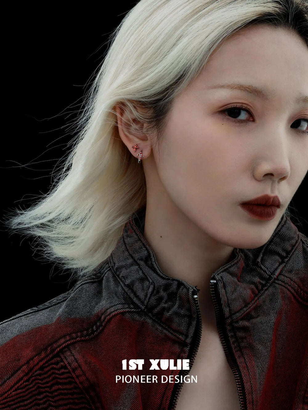 1ST XULIE "Snake Bite" Asymmetrical Cross Stud & Huggie Earrings in Platinum Plated 925 Sterling Silver - Side View