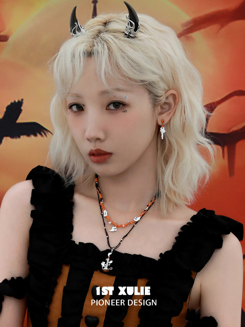 1ST XULIE "CANDLELIGHT GHOST" Asymmetrical Ghost Dangle Earrings in Platinum - Angle View