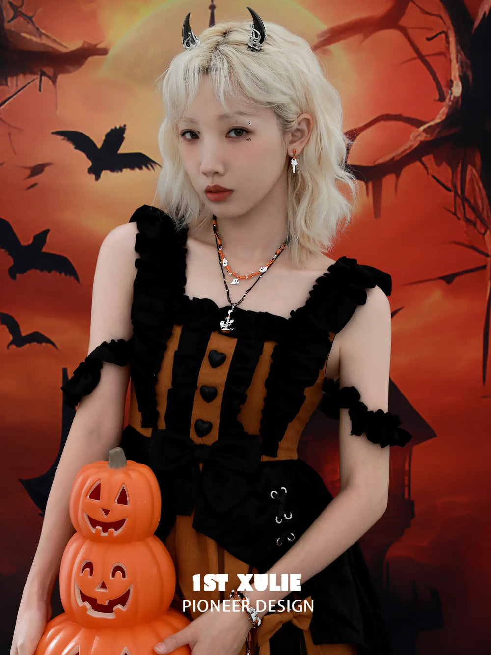 1ST XULIE "CANDLELIGHT GHOST" Asymmetrical Ghost Dangle Earrings in Platinum - Lifestyle Shot