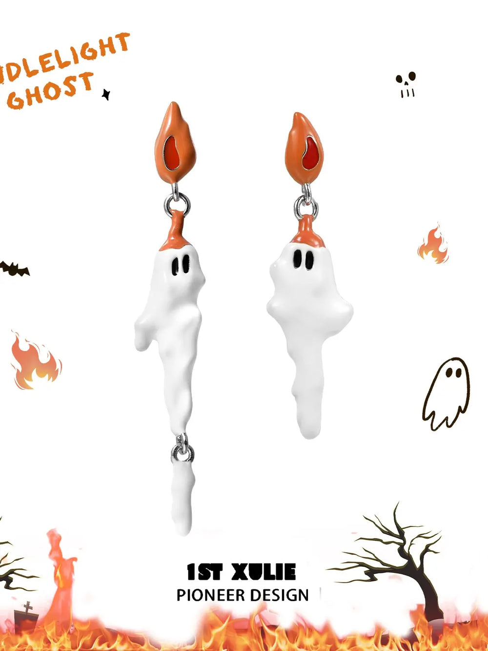 1ST XULIE "CANDLELIGHT GHOST" Asymmetrical Ghost Dangle Earrings in Platinum - Packaging View