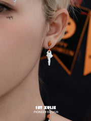 1ST XULIE "CANDLELIGHT GHOST" Asymmetrical Ghost Dangle Earrings in Platinum - Texture Detail