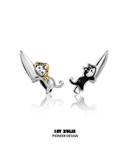 1ST XULIE "Graffit Kitten & Puppy" Asymmetrical Graffiti Dagger Stud Earrings in Platinum Plate - Product View