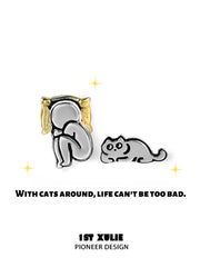 1ST XULIE "Cat's Gaze" Asymmetrical Human and Cat Stud Earrings in 925 Sterling Silver - Product View