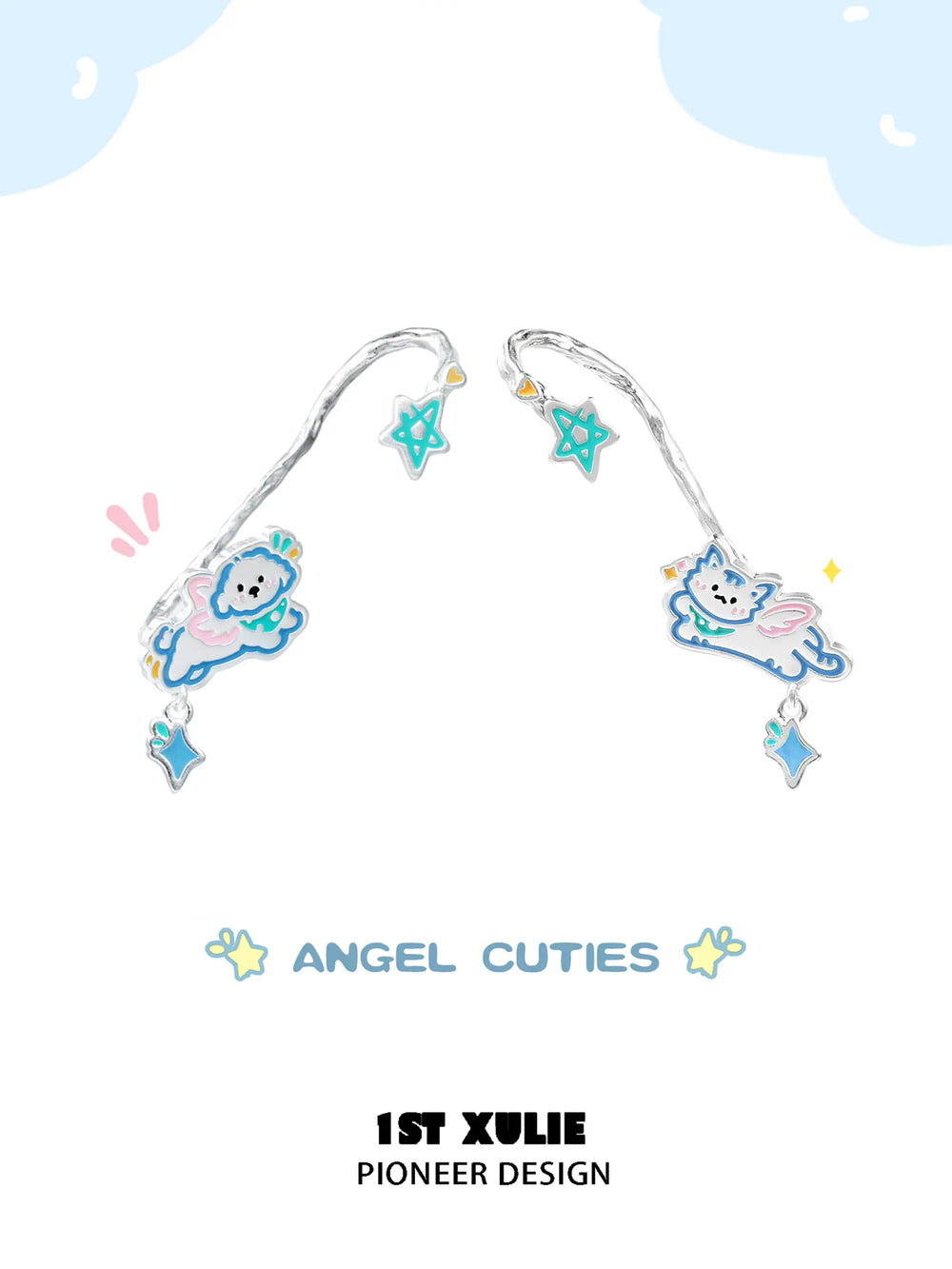 1ST XULIE "Angel Cuties" Asymmetrical Kitten & Puppy Ear Wraps in Platinum Plated - Back View