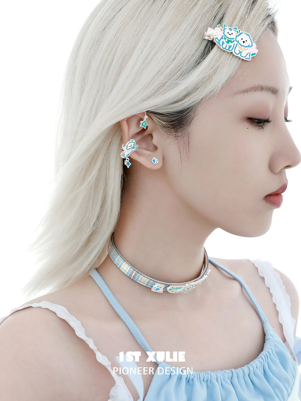 1ST XULIE "Angel Cuties" Asymmetrical Kitten & Puppy Ear Wraps in Platinum Plated - Detail Shot