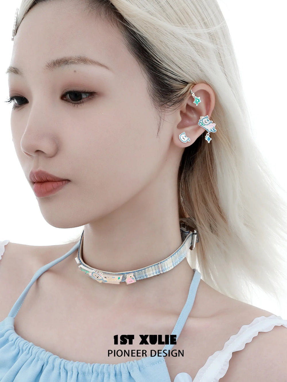 1ST XULIE "Angel Cuties" Asymmetrical Kitten & Puppy Ear Wraps in Platinum Plated - Side View