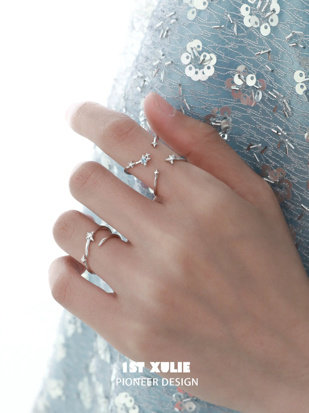 1ST XULIE "Star Trails" Asymmetrical Orbit Ring in 925 Sterling Silver - Lifestyle Shot