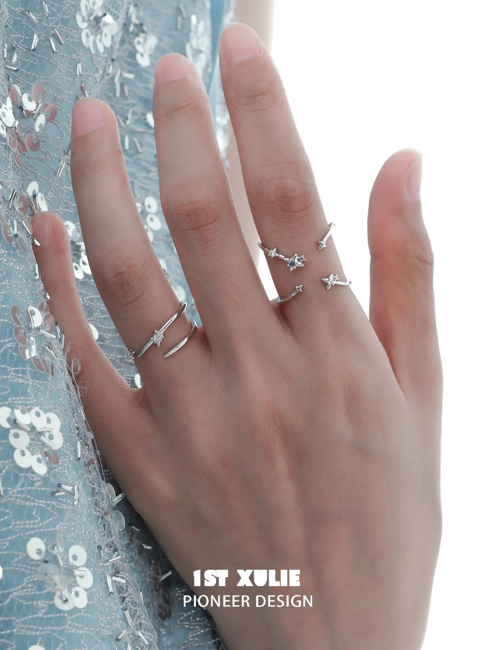 1ST XULIE "Star Trails" Asymmetrical Orbit Ring in 925 Sterling Silver - On Model Close-Up
