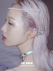 1ST XULIE "ATLANTIS" Asymmetrical Seahorse Fin Ear Hook in Platinum Plated - On Model