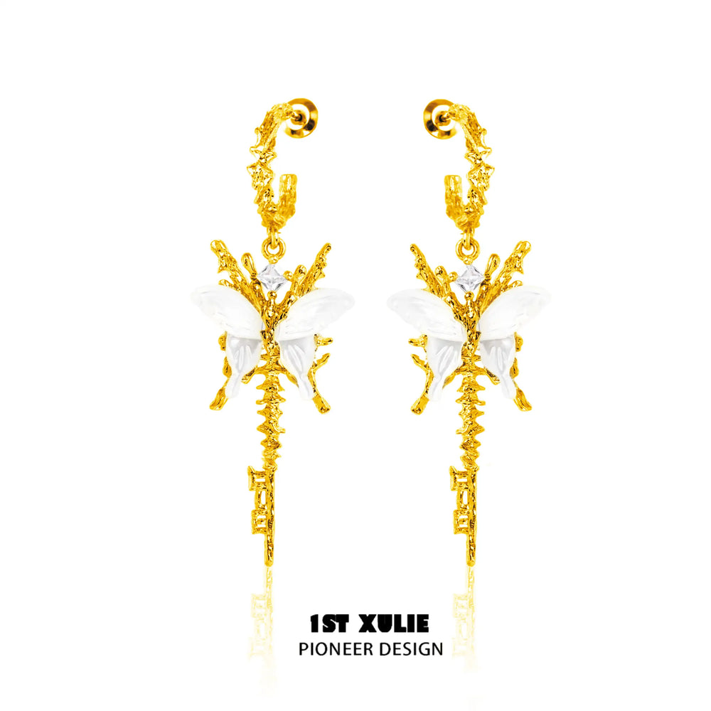 1ST XULIE "Whiterfly" Asymmetrical Shell Butterfly & Bone Dangle Earrings in 925 Sterling Silver - Lifestyle Shot