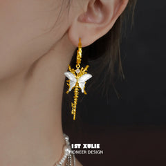1ST XULIE "Whiterfly" Asymmetrical Shell Butterfly & Bone Dangle Earrings in 925 Sterling Silver - On Model Close-Up