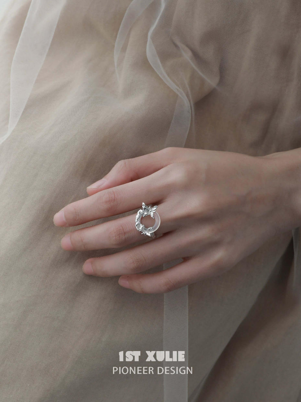 1ST XULIE "Whiterfly" Asymmetrical Skeletal Butterfly Ring in 925 Sterling Silver - Detail Shot