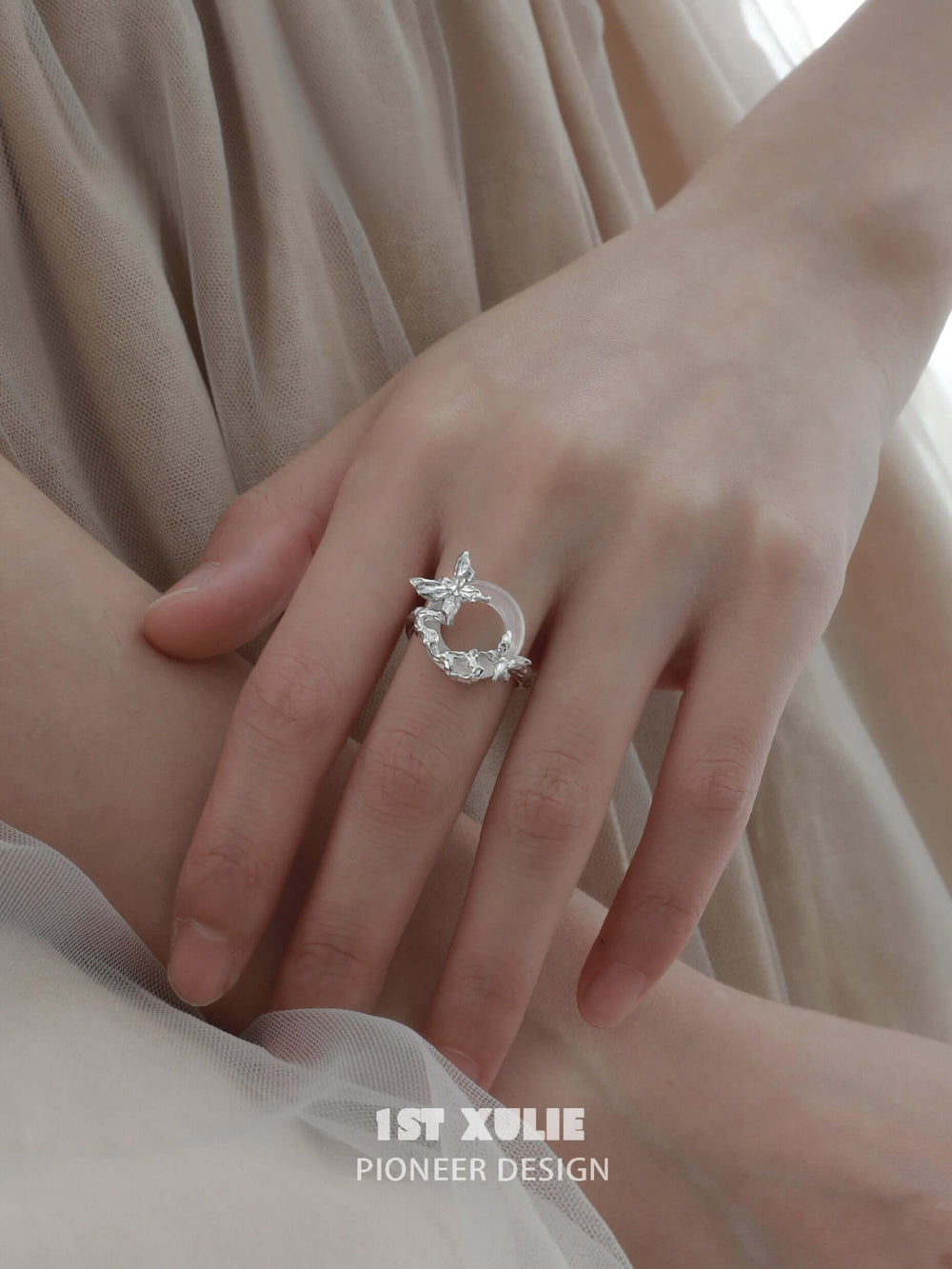 1ST XULIE "Whiterfly" Asymmetrical Skeletal Butterfly Ring in 925 Sterling Silver - On Model