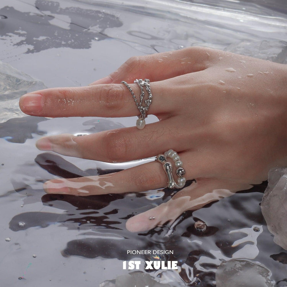 1ST XULIE "Tears of Mermaid" Statement Baroque Pearl Adjustable Open Ring in 925 Sterling Silver - On Model Close-Up
