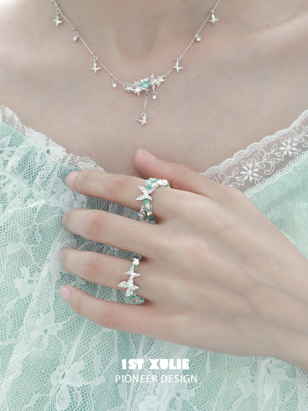 1ST XULIE "Whiterfly" Beaded Butterfly Stacking Ring in 925 Sterling Silver - Detail Shot