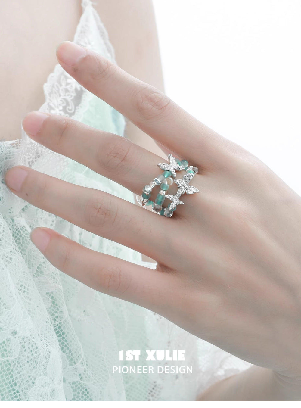 1ST XULIE "Whiterfly" Beaded Butterfly Stacking Ring in 925 Sterling Silver - On Model