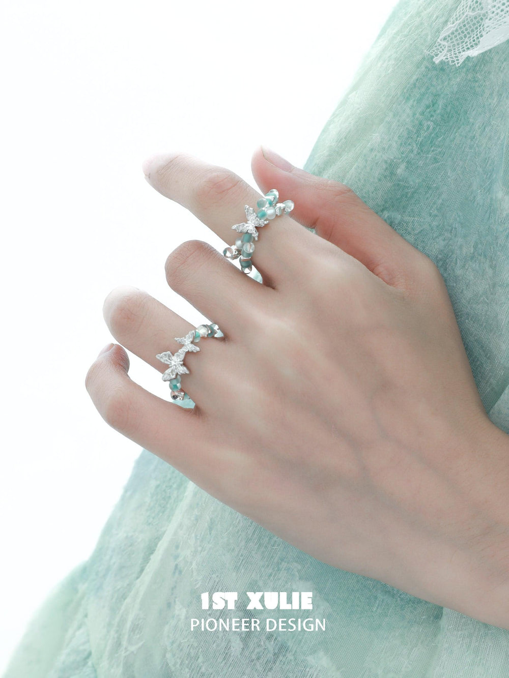 1ST XULIE "Whiterfly" Beaded Butterfly Stacking Ring in 925 Sterling Silver - On Model Style View