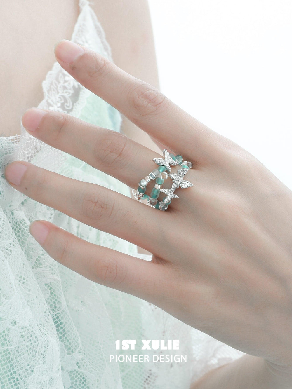 1ST XULIE "Whiterfly" Beaded Butterfly Stacking Ring in 925 Sterling Silver - On Model Close-up