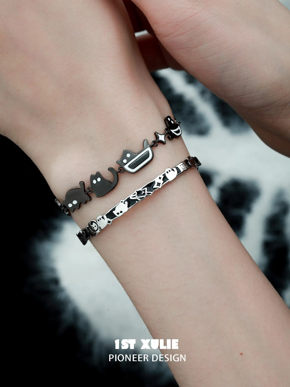 1ST XULIE "Ghosts" Whimsical Black Cat Charm Bangle Bracelet in 925 Sterling Silver - Product View