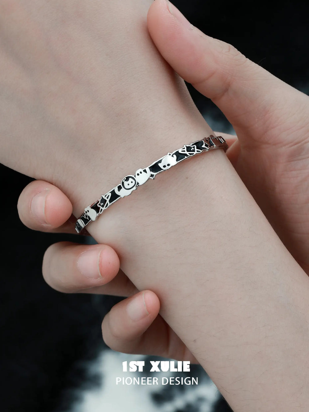 1ST XULIE "Ghosts" Whimsical Black Cat Charm Bangle Bracelet in 925 Sterling Silver - On Model
