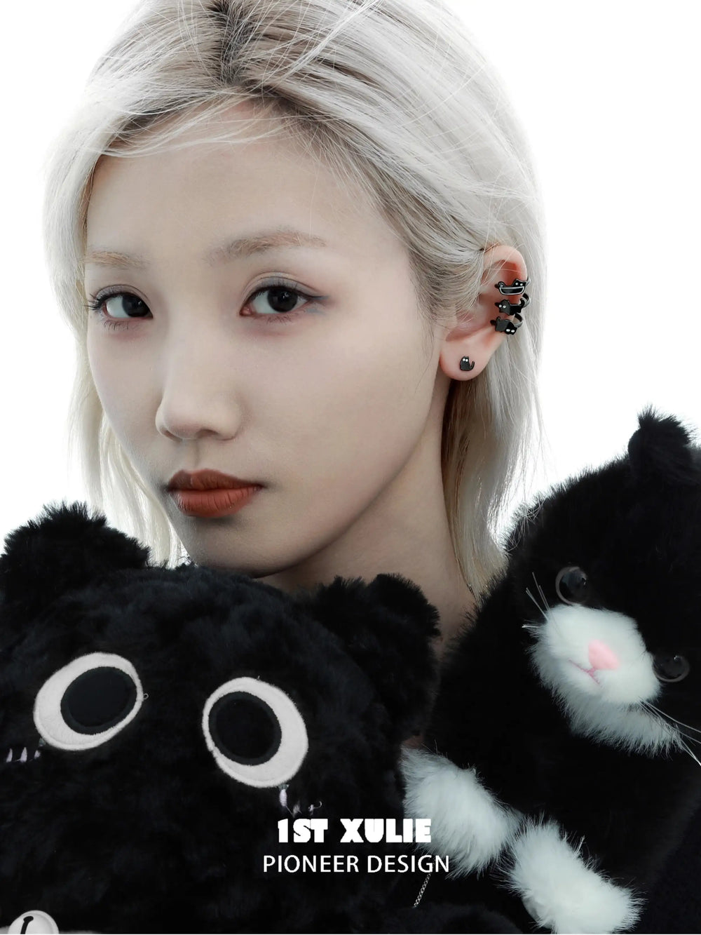 1ST XULIE "Ghosts Cat" Black Cat Stud Earrings in 925 Sterling Silver - Lifestyle Shot