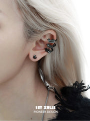 1ST XULIE "Ghosts Cat" Black Cat Stud Earrings in 925 Sterling Silver - Texture Detail