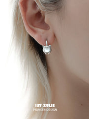 1ST XULIE "Cat's Gaze" Black & Gray Kitty Charm Huggie Hoop Earrings in Platinum Plated Brass - Angled View