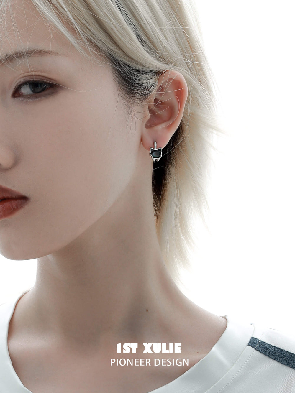 1ST XULIE "Cat's Gaze" Black & Gray Kitty Charm Huggie Hoop Earrings in Platinum Plated Brass - Detail Shot