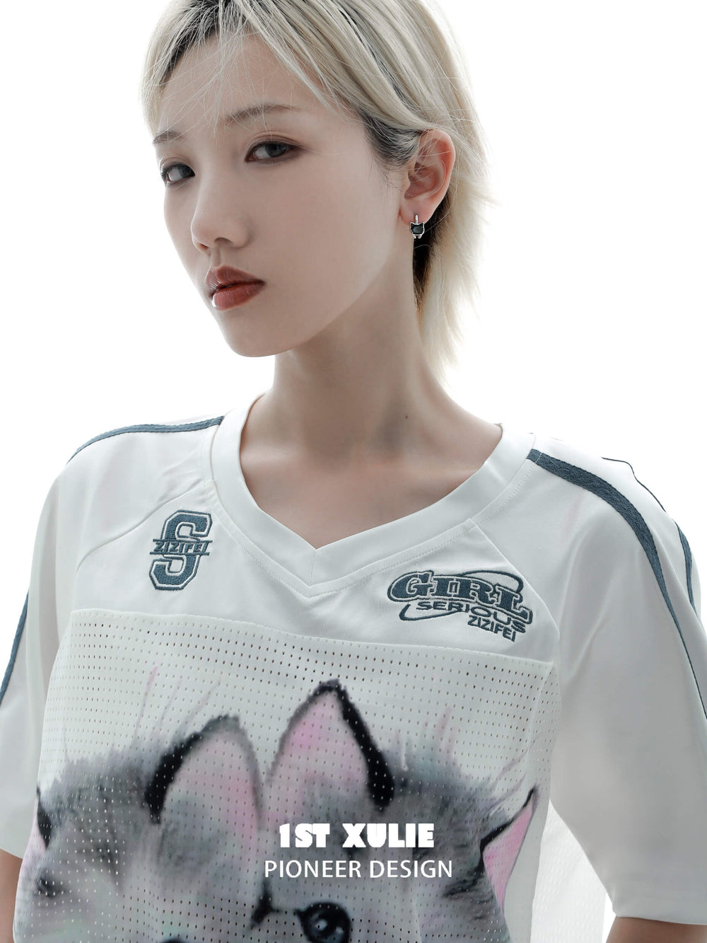 1ST XULIE "Cat's Gaze" Black & Gray Kitty Charm Huggie Hoop Earrings in Platinum Plated Brass - Lifestyle Shot