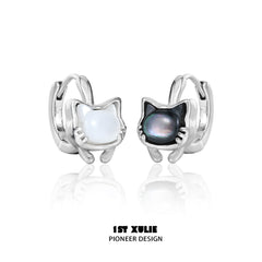 1ST XULIE "Cat's Gaze" Black & Gray Kitty Charm Huggie Hoop Earrings in Platinum Plated Brass - Product View