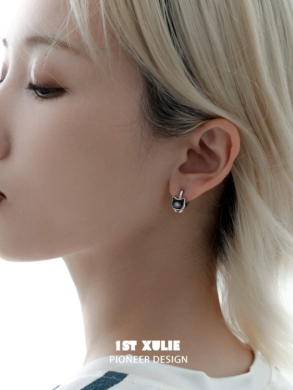 1ST XULIE "Cat's Gaze" Black & Gray Kitty Charm Huggie Hoop Earrings in Platinum Plated Brass - On Model