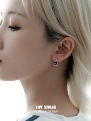 1ST XULIE "Cat's Gaze" Black & Gray Kitty Charm Huggie Hoop Earrings in Platinum Plated Brass - On Model