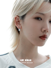 1ST XULIE "Cat's Gaze" Black & Gray Kitty Charm Huggie Hoop Earrings in Platinum Plated Brass - On Model Close-up