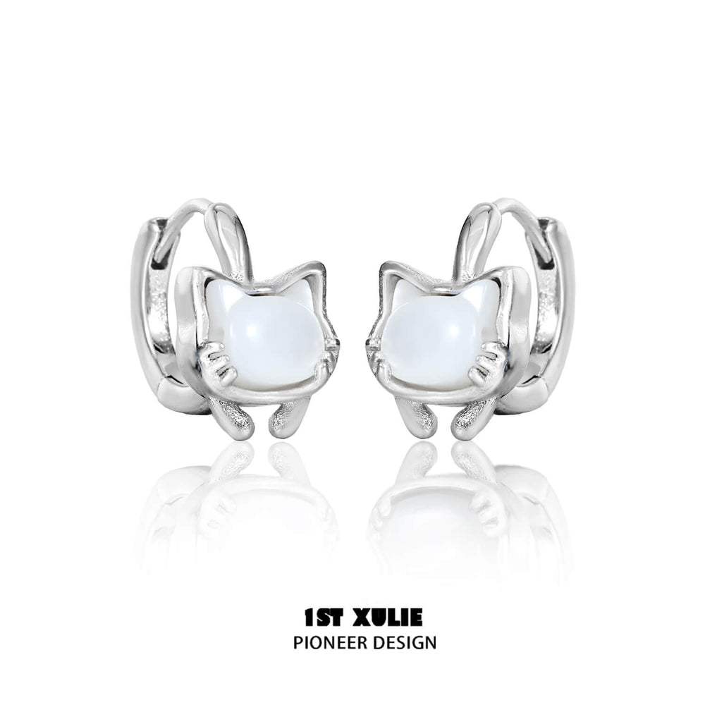 1ST XULIE "Cat's Gaze" Black & Gray Kitty Charm Huggie Hoop Earrings in Platinum Plated Brass - Packaging View