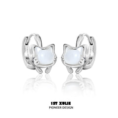 1ST XULIE "Cat's Gaze" Black & Gray Kitty Charm Huggie Hoop Earrings in Platinum Plated Brass - Packaging View