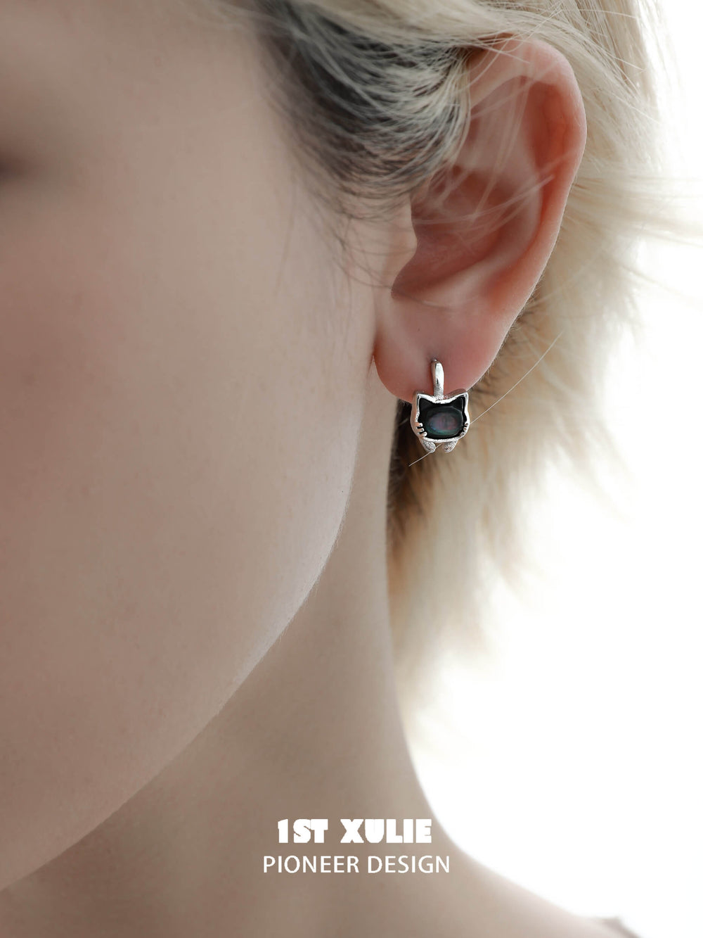 1ST XULIE "Cat's Gaze" Black & Gray Kitty Charm Huggie Hoop Earrings in Platinum Plated Brass - Paired Product View