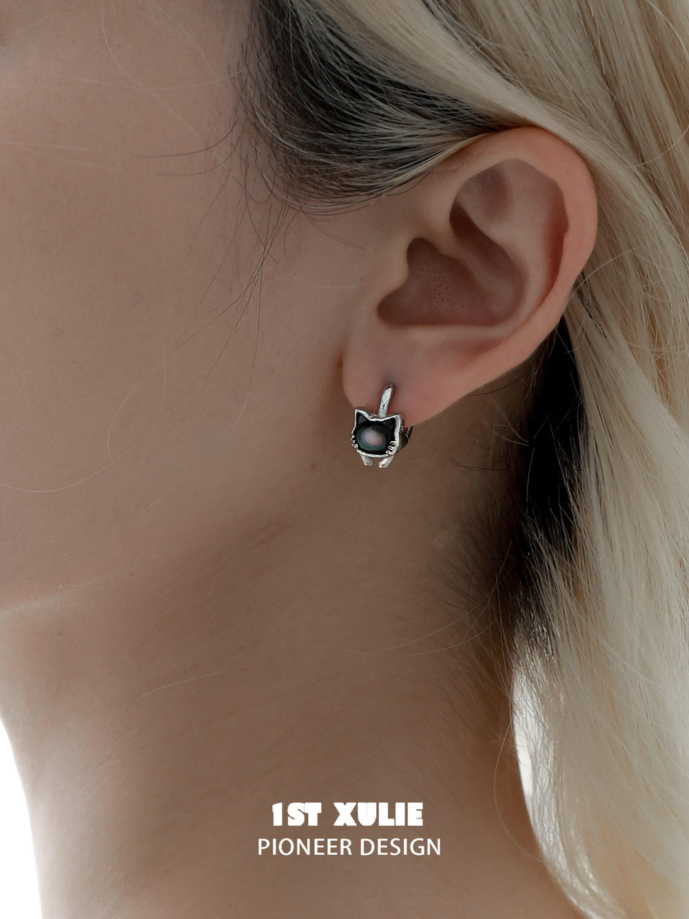 1ST XULIE "Cat's Gaze" Black & Gray Kitty Charm Huggie Hoop Earrings in Platinum Plated Brass - Side View
