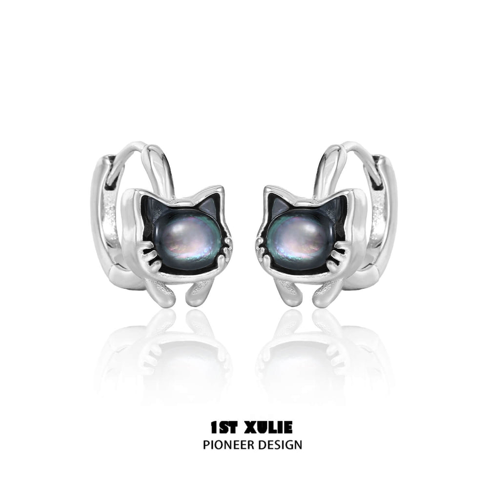 1ST XULIE "Cat's Gaze" Black & Gray Kitty Charm Huggie Hoop Earrings in Platinum Plated Brass - Texture Detail