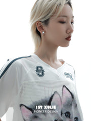 1ST XULIE "Cat's Gaze" Whimsical Black & Gray Kitty Stud Earrings in Platinum Plated Brass - Side View