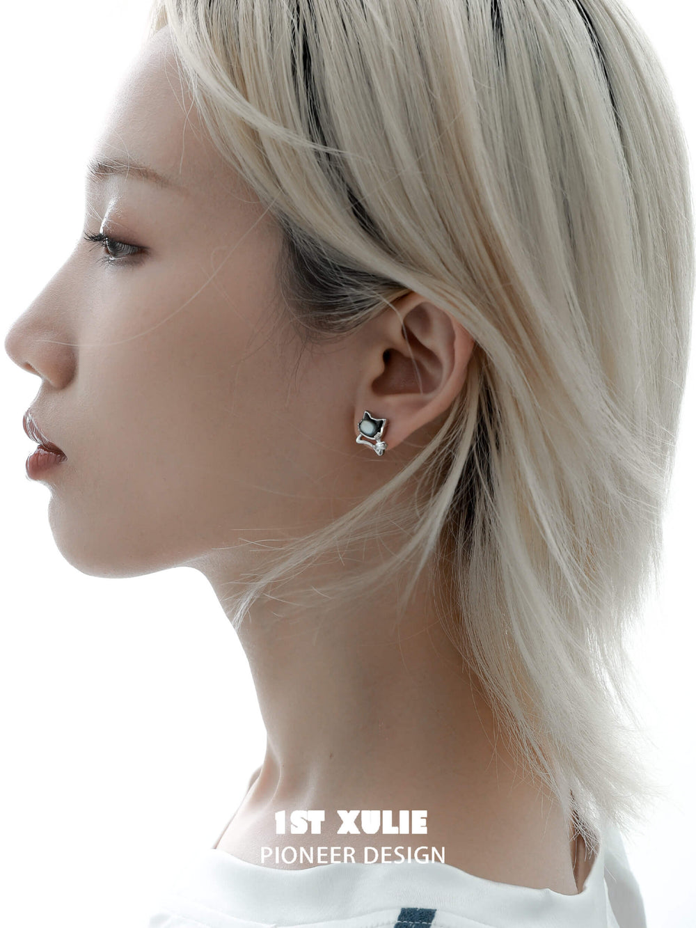 1ST XULIE "Cat's Gaze" Whimsical Black & Gray Kitty Stud Earrings in Platinum Plated Brass - Lifestyle Shot