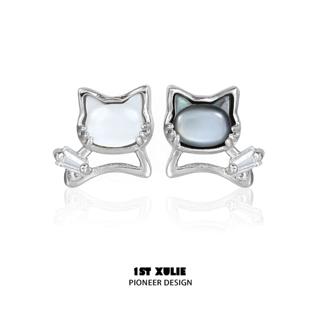 1ST XULIE "Cat's Gaze" Whimsical Black & Gray Kitty Stud Earrings in Platinum Plated Brass - Product View