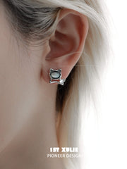 1ST XULIE "Cat's Gaze" Whimsical Black & Gray Kitty Stud Earrings in Platinum Plated Brass - On Model