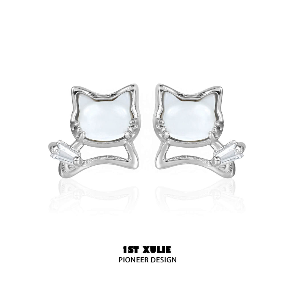 1ST XULIE "Cat's Gaze" Whimsical Black & Gray Kitty Stud Earrings in Platinum Plated Brass - On Model Close-up
