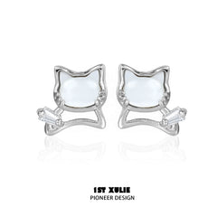 1ST XULIE "Cat's Gaze" Whimsical Black & Gray Kitty Stud Earrings in Platinum Plated Brass - On Model Close-up