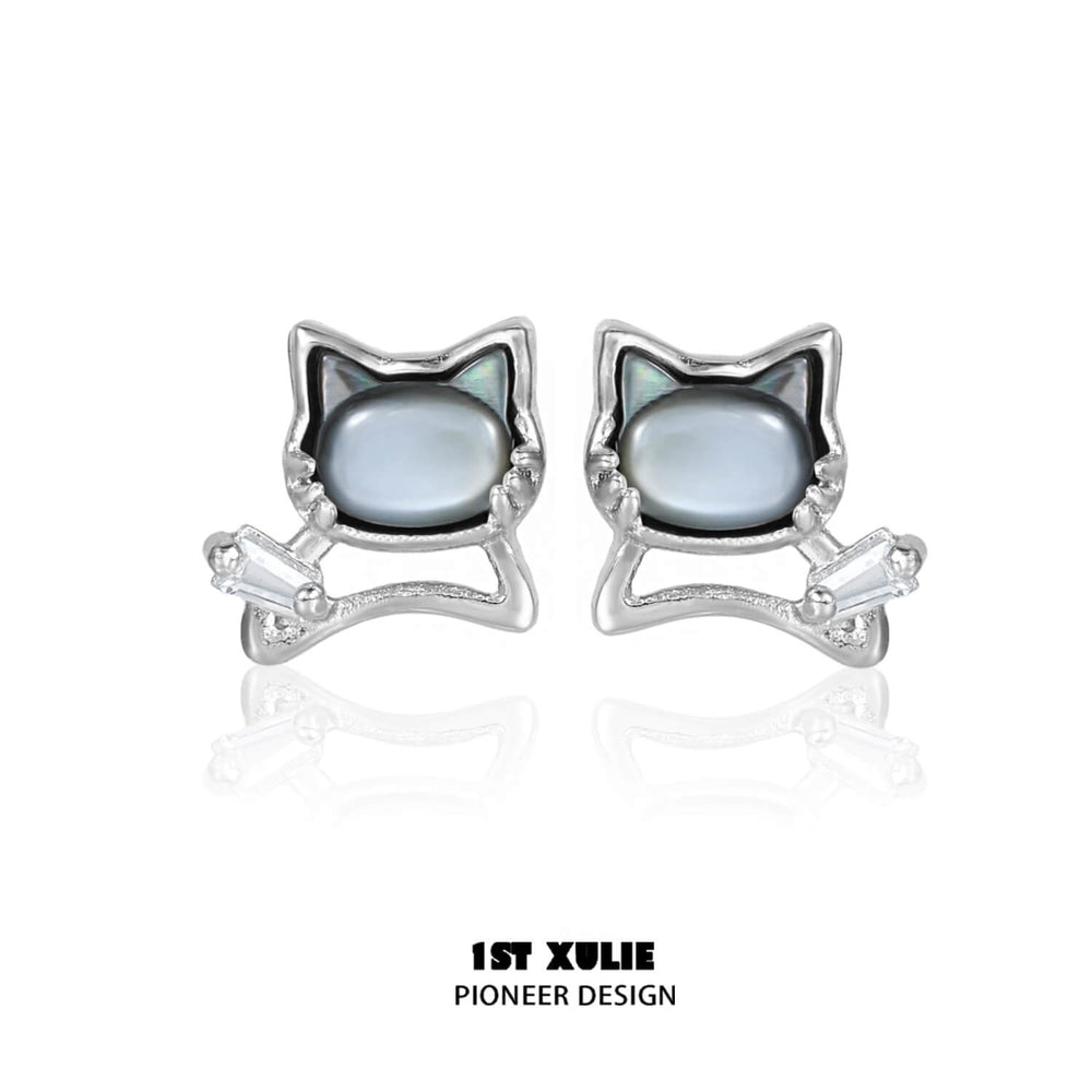 1ST XULIE "Cat's Gaze" Whimsical Black & Gray Kitty Stud Earrings in Platinum Plated Brass - Product View on Display