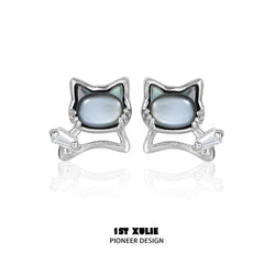 1ST XULIE "Cat's Gaze" Whimsical Black & Gray Kitty Stud Earrings in Platinum Plated Brass - Product View on Display