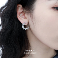1ST XULIE "MYTH OF THE MOON" Celestial Black Mother-of-pearl Statement Moon Earrings in Platinum Plated - Product View